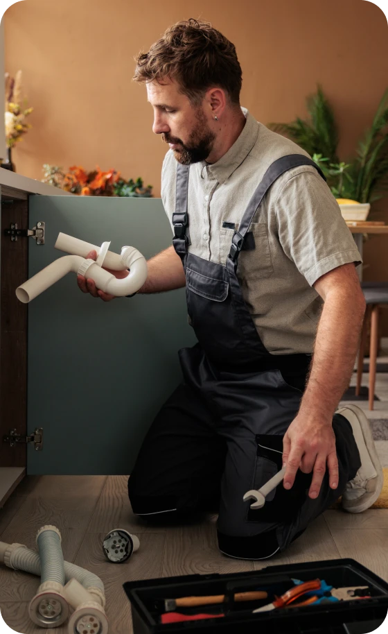 Man fixing kitchen plumbing