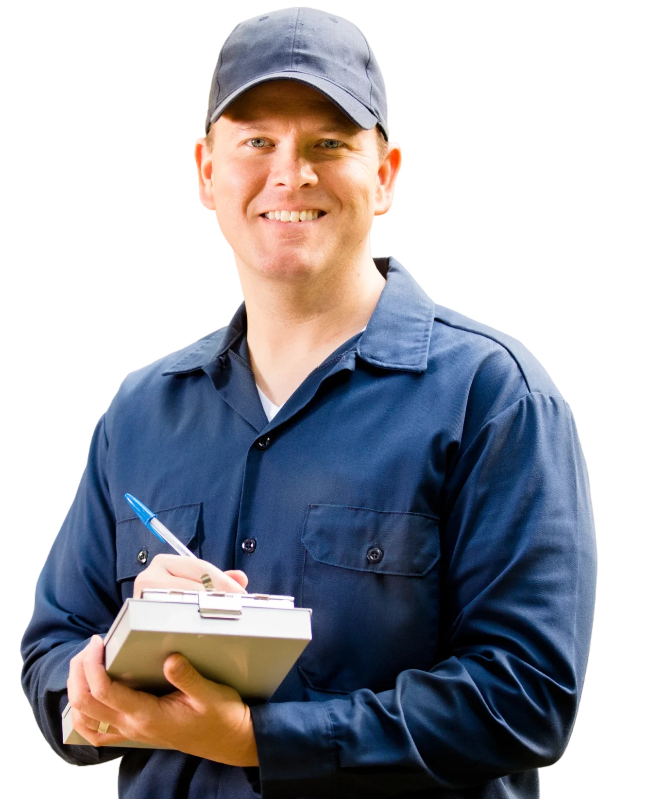 Man in blue uniform holding clipboard